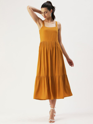 Dressberry Women Fit and Flare Yellow Midi/Calf Length Dress