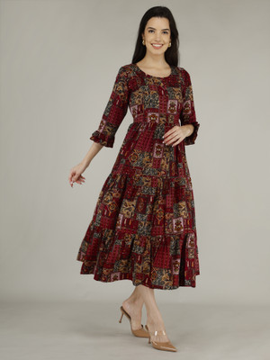 SIYAFABRICSES Women Fit and Flare Red Midi/Calf Length Dress