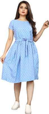 fashionwrld Women Fit and Flare Light Blue, Black Knee Length Dress