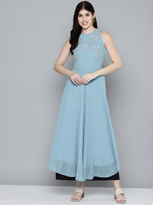Jompers Women A-line Blue Midi/Calf Length Dress