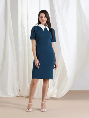 Dwarros Women Bodycon Dark Blue Below Knee Dress