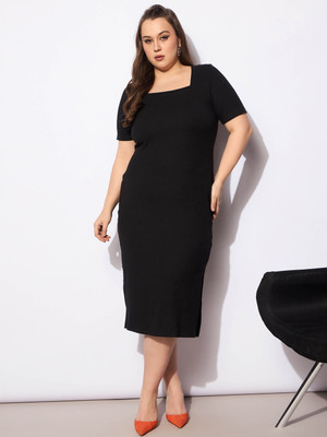SASSAFRAS Curve Women Bodycon Black Midi/Calf Length Dress