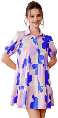 Krishna Enterprise Women Fit and Flare Blue, Beige Mini/Short Dress
