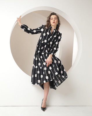 RAREISM Women Fit and Flare Black, White, Brown Midi/Calf Length Dress
