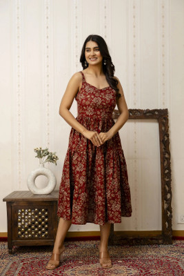Nayo Women Ethnic Dress Maroon Midi/Calf Length Dress