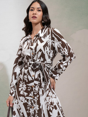 Vishudh Women Fit and Flare Brown, White Midi/Calf Length Dress