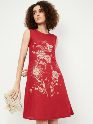 MAX Women A-line Red Midi/Calf Length Dress