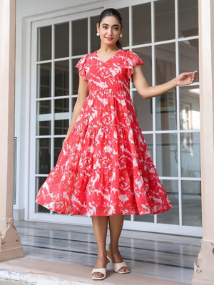 Janasya Women Fit and Flare Red Midi/Calf Length Dress