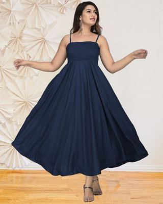 HOC's Women Fit and Flare Dark Blue Midi/Calf Length Dress