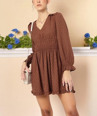 Dressberry Women Fit and Flare Brown Above Knee/Mid Thigh Length Dress