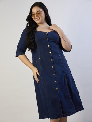 SASSAFRAS Curve Women A-line Dark Blue Midi/Calf Length Dress