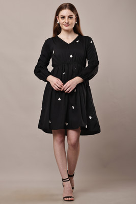 Bright Fly Women Fit and Flare Black Knee Length Dress