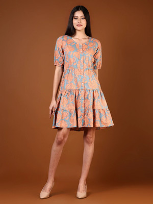 V-MART Women A-line Blue, Orange Above Knee/Mid Thigh Length Dress