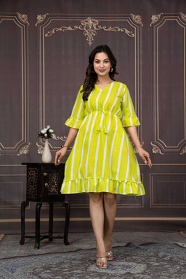 ptfcreation Women A-line Green Knee Length Dress