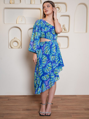 PURVAJA Women Asymmetric Blue Midi/Calf Length Dress