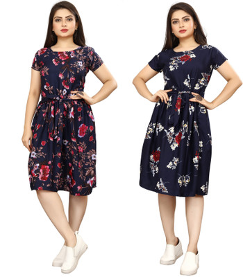 HouseOfCommon Women A-line Black, Blue Knee Length Dress