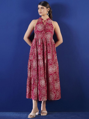 ANOUK Women Fit and Flare Red Midi/Calf Length Dress
