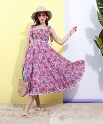 Tokyo Talkies Women A-line Red, Purple, Blue Midi/Calf Length Dress