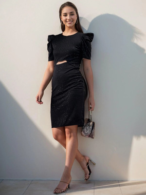 AA-HA! Women Bodycon Black Above Knee/Mid Thigh Length Dress