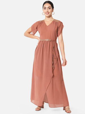 ALL WAYS YOU Women Empire Waist Brown Maxi/Full Length Dress
