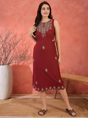 ZUMMER Women Sheath Maroon Midi/Calf Length Dress
