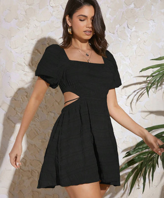 Aahwan Women A-line Black Above Knee/Mid Thigh Length Dress