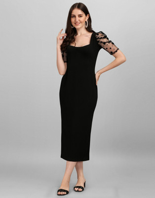 Selvia Women Bodycon Black Midi/Calf Length Dress