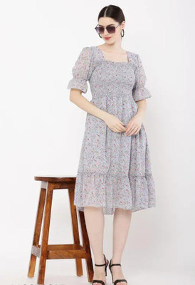 69 FASHION STREET Women Fit and Flare Grey Knee Length Dress