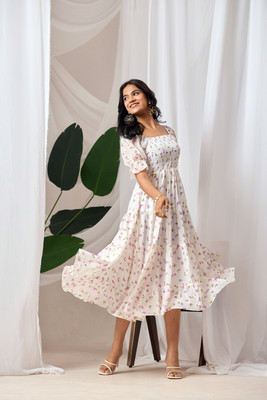 Dream Star Women Fit and Flare White Maxi/Full Length Dress