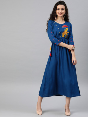 Yash Gallery Women A-line Blue Midi/Calf Length Dress