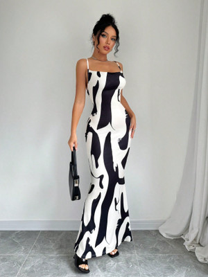 Caozynest Women Bodycon Black, White Ankle Length Dress