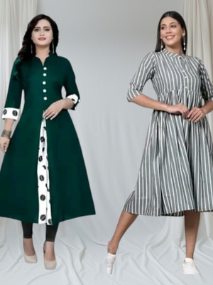 Texpamz Women Striped, Solid A-line Kurta(Green, Grey)