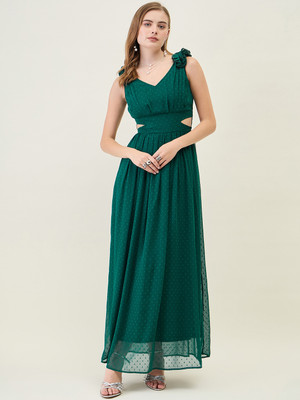 AAYU Women Fit and Flare Green Maxi/Full Length Dress