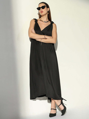 SHOWOFFFF Women A-line Black Midi/Calf Length Dress