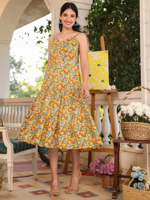 Janasya Women A-line Yellow Midi/Calf Length Dress