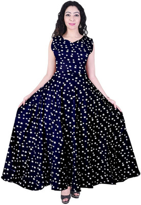 Parth Fashion Women Fit and Flare Dark Blue, White Maxi/Full Length Dress