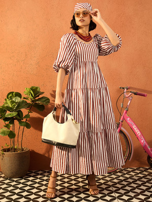 Pink Paprika By SASSAFRAS Women Fit and Flare Brown, White Ankle Length Dress