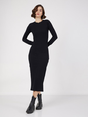 SASSAFRAS Women Bodycon Black Midi/Calf Length Dress