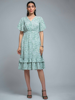 Roadster Women Fit and Flare Light Green Knee Length Dress