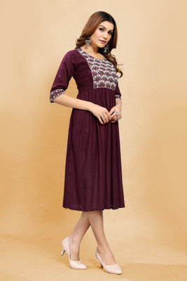 ShopGlobal Women Fit and Flare Maroon Midi/Calf Length Dress