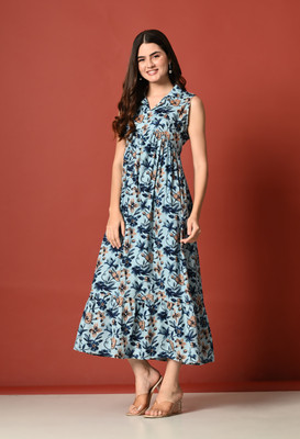 METRONAUT Women Fit and Flare Blue Maxi/Full Length Dress