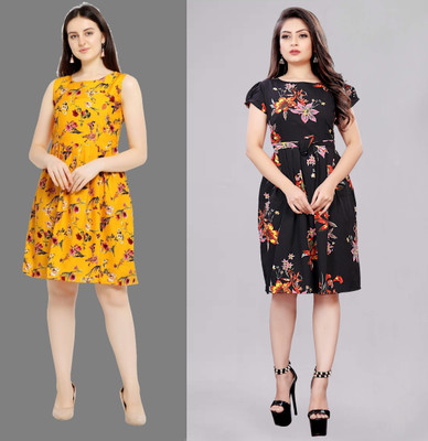 Hiral Creation Women Fit and Flare Yellow Knee Length Dress