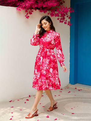ZUMMER Women Fit and Flare Pink Midi/Calf Length Dress
