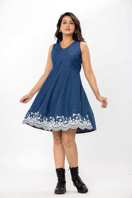 ALPHA COLLECTION Women A-line Blue Above Knee/Mid Thigh Length Dress
