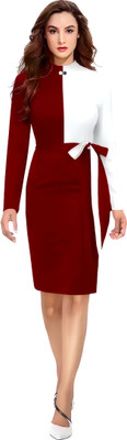 SHCON Women Fit and Flare Maroon, White Below Knee Dress