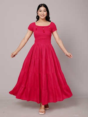 PRANJAL ENTERPRISES Women Fit and Flare Pink Maxi/Full Length Dress