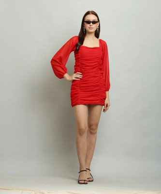 Shyammc Women Bodycon Red Above Knee/Mid Thigh Length Dress