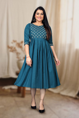 jeqson Women Fit and Flare Dark Blue, Beige Knee Length Dress