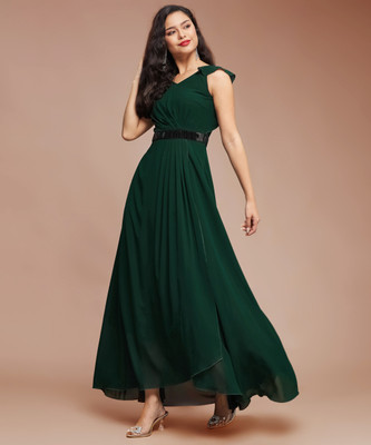 all about you Women Pleated Green Maxi/Full Length Dress