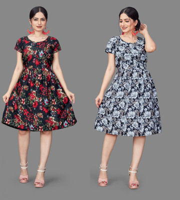 VARUDIFAB Women Fit and Flare Multicolor Knee Length Dress